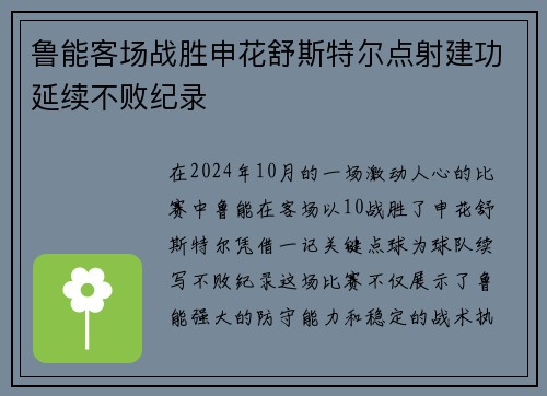 鲁能客场战胜申花舒斯特尔点射建功延续不败纪录