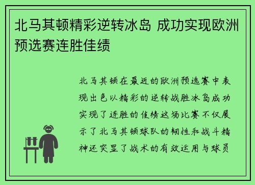 北马其顿精彩逆转冰岛 成功实现欧洲预选赛连胜佳绩