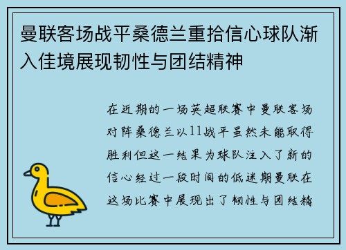 曼联客场战平桑德兰重拾信心球队渐入佳境展现韧性与团结精神