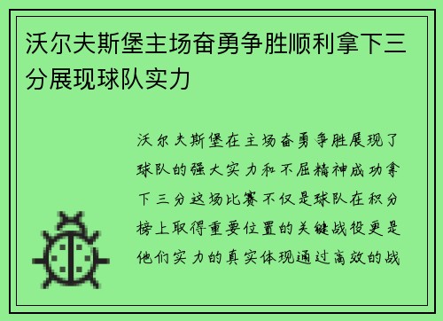 沃尔夫斯堡主场奋勇争胜顺利拿下三分展现球队实力