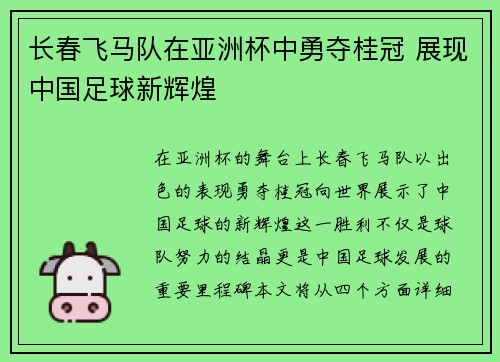 长春飞马队在亚洲杯中勇夺桂冠 展现中国足球新辉煌