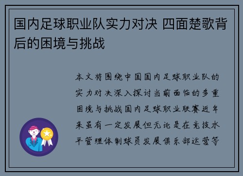 国内足球职业队实力对决 四面楚歌背后的困境与挑战