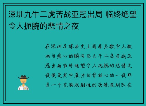 深圳九牛二虎苦战亚冠出局 临终绝望令人扼腕的悲情之夜