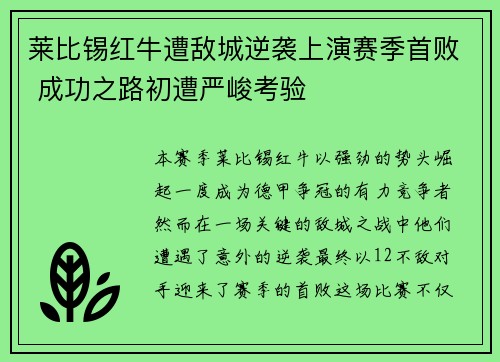 莱比锡红牛遭敌城逆袭上演赛季首败 成功之路初遭严峻考验