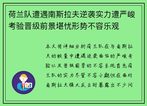 荷兰队遭遇南斯拉夫逆袭实力遭严峻考验晋级前景堪忧形势不容乐观